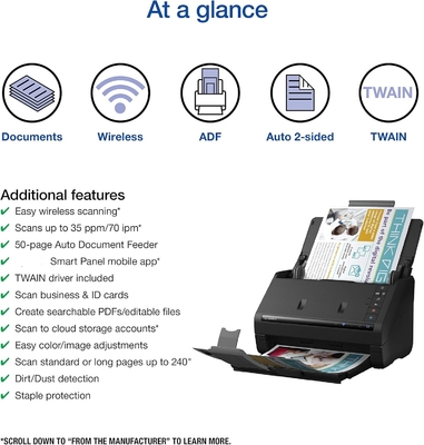 Workforce ES-500W II Wireless Color Duplex Desktop Document Scanner for PC and Mac